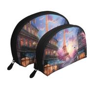 Paris Street Scene Eiffel Tower Portable Shell Cosmetic Bag Set - Travel Makeup Organiser with Zipper & Inner Compartments