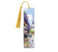 Paris Street Scene Eiffel Tower Print 5pcs Wooden Bookmarks with Tassels, Reading Page Markers Book Marks, Gifts for Men Women