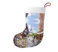 Paris Street Scene Eiffel Tower Print Christmas Stocking 18 Inches â€“ Holiday Hanging Ornament for Fireplace, Xmas Tree & Home Decor