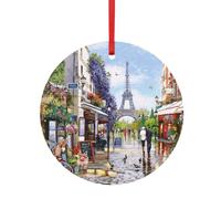 Paris Street Scene Eiffel Tower Print Christmas Tree Hanging Ornament, Double-Sided Aluminum Round Pendant For Xmas Tree And Holiday