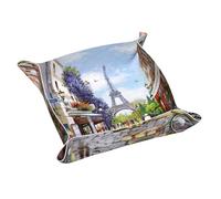 Paris Street Scene Eiffel Tower Print Leather Valet Tray For Women,Travel Organizer, Trinket Jewelry Cosmetic Organizer Tray