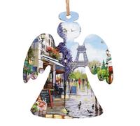 Paris Street Scene Eiffel Tower Printed Angel Shape Christmas Tree Pendants 2 Pcs, Lanyards Home Holiday Xmas New Year Party Decorations