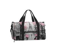 Paris Street Tower Pink Floral Gym Duffle Bag with Shoe Compartment Travel Weekender Overnight Bag Waterproof Sports Gym Bag with Shoulder Strap
