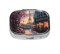 Paris Street Tower Pink Floral Mini Pill Box Metal Travel Medicine Organizer with 2 Compartments Pocket-Sized Pill Container