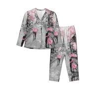Paris Street Tower Pink Floral Women'S Long-Sleeved Pajama Set Tops And Pants Nighttime Sleep Relax Lazy Weekend