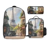 Paris Street Trendy Backpack Set for Unisex Lightweight 17inch Daypack with Lunch Bag And Pencil Case 3pcs