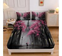 Paris Streets King Fitted Sheet 30cm Extra Deep, Retro Buildings Washable Fitted Sheet, Soft Brushed Microfiber Breathable Bedding 150x200x30 cm, Pink