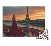 Paris Sunset View 1000 Piece Puzzle for Adults Woman in Red Gown Overlooking Eiffel Tower Premium Sturdy Vibrant Challenging Hard Gift38x26cm/1000pcs