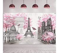 Paris Tapestry Wall Art Eiffel Tower Photo Banner Background European City Landscape Pink Wall Hanging Decor for Living Room Girl Bedroom Paris Themed Party Decor, 72.8 x 43.3 Inch