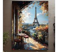Paris Terrace With Eiffel Tower View Canvas Print - Autumn Scene Wall Art, Paris Painting For Living Room(21x30cm/Without frame)