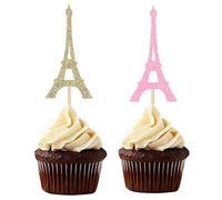 Paris Theme Cupcake Toppers Eiffel Tower Shape Party Picks Wedding Bridal Shower Decorations - Pink and Gold