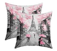 Paris Throw Pillow Covers, French Eiffel Tower Pillow Covers For Home Bed Sofa Couch, Retro Paris Themed Cushion Covers Watercolor Cherry Blossoms Decorative Pillow Covers, 22x22 Set of 2, Pink Grey
