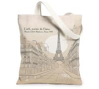 Paris Tower Canvas Tote Bag for Women, Modern Minimalistic Buildings Street None Beige Washable Reusable Everyday Tote Bag for Shopping Brunch Park Library Day Trips 13x15 Inch
