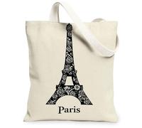 Paris Tower Canvas Tote Bag for Women, Parisian Chic Floral Pattern None Black Washable Reusable Small Tote Bags Ideas for, Black, 13x15 Inch