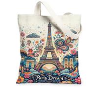 Paris Tower Canvas Tote Bag for Women, Parisian Colorful Flowers Clouds Spring Blue Washable Reusable Shopping Bags Ideas for Travel Work Shopping Bookstore 13x15 Inch