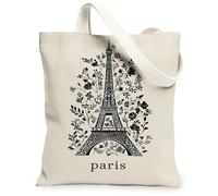 Paris Tower Canvas Tote Bag for Women, Parisian Floral Flowers Leaves Spring Black Washable Reusable Small Tote Bags Ideas, Black, 13x15 Inch