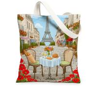 Paris Tower Canvas Tote Bag for Women, Parisian Romantic Flowers Chairs Spring Red Washable Reusable Small Tote Bag Ideas F, Red, 13x15 Inch