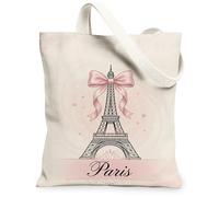 Paris Tower Canvas Tote Bag for Women, Romantic Chic Bow Hearts Spring Peach Washable Reusable Shopping Bag Ideas for Famil, Peach, 13x15 Inch
