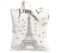 Paris Tower Canvas Tote Bag for Women, Romantic Fanciful Hearts Clouds Spring Black Washable Reusable Shopping Bag for Shopping Brunch Park Library Day Trips 13x15 Inch