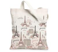 Paris Tower Canvas Tote Bag for Women, Romantic Vintage Rose Building Spring Peach Washable Reusable Shopping Bag for Shopping Brunch Park Library Day Trips 13x15 Inch