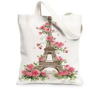 Paris Tower Canvas Tote Bag for Women, Romantic Vintage Roses Leaves Spring Peach Washable Reusable Shopping Bags Ideas for, Peach, 13x15 Inch
