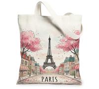 Paris Tower Canvas Tote Bag for Women, Spring Romantic Cherries Blossom Street Spring Peach Washable Reusable Graphic Tote Bag Ideas for Family Friends Colleagues Reading Loves 13x15 Inch