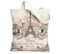 Paris Tower Canvas Tote Bag for Women, Vintage Romantic Flowers Angels Spring Pastel Peach Washable Reusable Grocery Bag for Shopping Brunch Park Library Day Trips 13x15 Inch