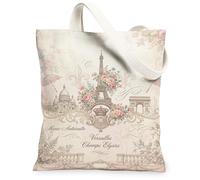 Paris Tower Canvas Tote Bag for Women, Vintage Romantic Flowers Royal Spring Pastel Peach Washable Reusable Graphic Tote Bag Ideas for Outdoor Travel Workday Reading 13x15 Inch