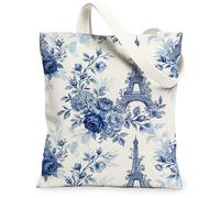 Paris Tower Canvas Tote Bag for Women, Vintage Romantic Roses Hydrangeas Spring Blue Washable Reusable Small Tote Bag for Shopping Brunch Park Library Day Trips 13x15 Inch