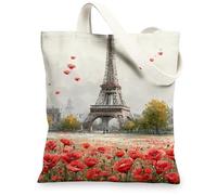 Paris Tower Canvas Tote Bags, Artistic Parisian Design Reusable Grocery Bags, Lightweight Washable Shoulder Strap Canvas Ba, White, 13x15 Inch