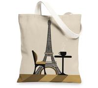 Paris Tower Canvas Tote Bags, Artistic Parisian Design Reusable Shopping Bags, Chic Minimalistic Lightweight Washable Shoul, Beige, 13x15 Inch