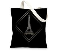 Paris Tower Canvas Tote Bags, Chic Parisian Design Lightweight Reusable Shopping Bags for Travel Beach Gym, Black, 13x15 Inch