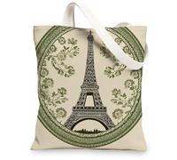 Paris Tower Canvas Tote Bags, Floral Pattern Reusable Bags, Vintage Chic Lightweight Washable Shoulder Strap for Travel Bea, Beige, 13x15 Inch
