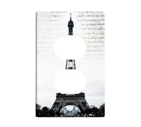 Paris Tower Duplex Outlet Covers Wall Plate, Modern Contemporary Text Sky Gray Plastic Standard Size Double Power Outlet Cover Plate for New Apartment Home Bedroom Office Decor