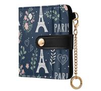 Paris Tower Flowers Navy Pattern Small Women Wallet RFID Blocking Bifold PU Leather Compact Card Holder with Coin Pocket Zipper Purse for Women Girls Ladies