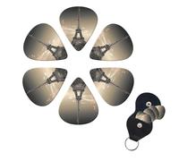 Paris Tower Guitar Picks 6 Pack, 0.71mm Thickness Celluloid Bass Pick with Leather Guitar Pick Holder Keychain Abstract Art Pics Plectrum for Acoustic Electric Guitar, Ukulele, Bass