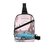 Paris Tower Luxury Old Car Foldable Sport Sling Bag,Lightweight Crossbody Chest Pack with Multiple Pockets,Water-Resistant Polyester Fabric,Compact Travel Daypack