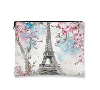 Paris Tower Makeup Bag, Cherries Blossom Vintage Cosmetic Travel Pouch for Women, Portable Small Canvas Zipper Organizer, Spring Gift Toiletry Bag, Peach, 7x9 Inch