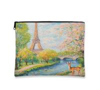 Paris Tower Makeup Bag, Pastel Floral Cosmetic Pouch for Women, Portable Canvas Zipper Organizer, Spring Travel Toiletry Bag 7x9 Inch
