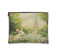 Paris Tower Rabbit Makeup Bag, Vintage Floral Cosmetic Travel Pouch for Women, Portable Canvas Zipper Organizer, Spring Skincare Toiletry Case 7x9 Inch