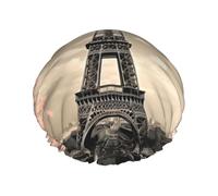 Paris Tower Shower Caps for Women Reusable Waterproof Shower Bonnet Large Elastic Bath Caps Double Layers Bathing Hair Caps Designed for all Hair Lengths with PEVA Lining