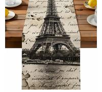 Paris Tower Table Runner, Nostalgic Retro Travel Brown Romantic City Vintage Script Cotton and Table Linen Runner for Kitchen Dining Home Decor for Party Festival Holiday Decoration Gift 13x48in