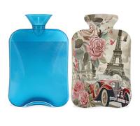 Paris Vintage Flower Hot Water Bottle with Cover, Eiffel Tower Car 2L Hot Water Bag for Pain Relief, Neck Soft and Shoulder, Hand Feet Warmer, Hot and Cold Compress for Adult Kids