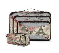 Paris Vintage Flower Packing Cubes for Suitcase 4 Set Eiffel Tower Car Travel Luggage Organizer with Mesh Top Storage Bag for Travel Accessories