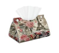 Paris Vintage Flower Tissue Box Cover Eiffel Tower Car Pu Leather Tissue Holder Long Decorative Organizer For Office Car Home Bathroom Napkins and Facial Dispenser