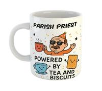 Parish Priest Powered by Tea and Biscuits Funny Gift Mug for Retirement Parties, Birthdays, Fathers, Uncles, Appreciation Gifts