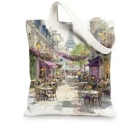 Parisian Canvas Tote Bags, Artistic Cityscape Pattern Reusable Grocery Bags, Vintage Lightweight Washable Shoulder Strap Ca, White, 13x15 Inch