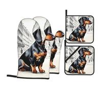 Parisian Dachshund Print 4-Piece Oven Microwaving Set Waterproof Kitchen Gloves for Baking Grilling Cooking