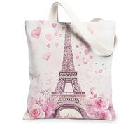 Parisian Floral Canvas Tote Bags, Paris Tower Heart Pattern Reusable Grocery Bags, Spring Lightweight Washable Shoulder Strap Canvas for Travel Outdoor Shopping 13x15 Inch
