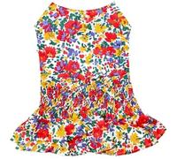 Parisian Pet Floral Printed Summer Dress - 100% Cotton Breathable Ruched Waist Dog Clothes - Beach Outfit - Cat Apparel - Dresses for Small Dogs Girl - L